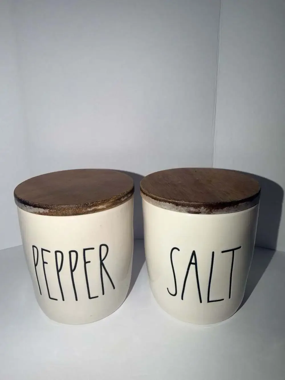 Rae Dunn Artisan Collection Pepper and Salt Ceramic Canisters with Wood Lids